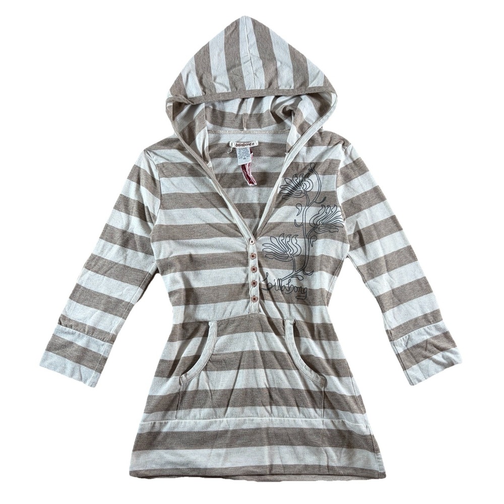 Y2K Billabong Hoodie Women's Medium White Tan Striped Babydoll Henley Sweater‎